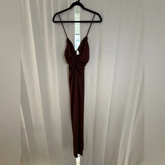 MANGO Chocolate Brown Ruched Cutout Maxi Dress | Vacation, Date Night Size M - Picture 5 of 11